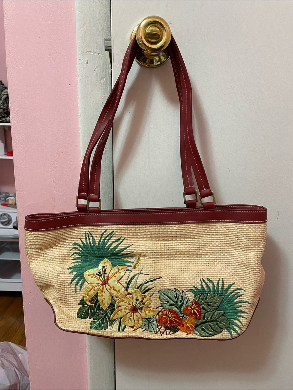 Vintage Etienne Aigner woven handbag with floral print yellow hibiscus flowers